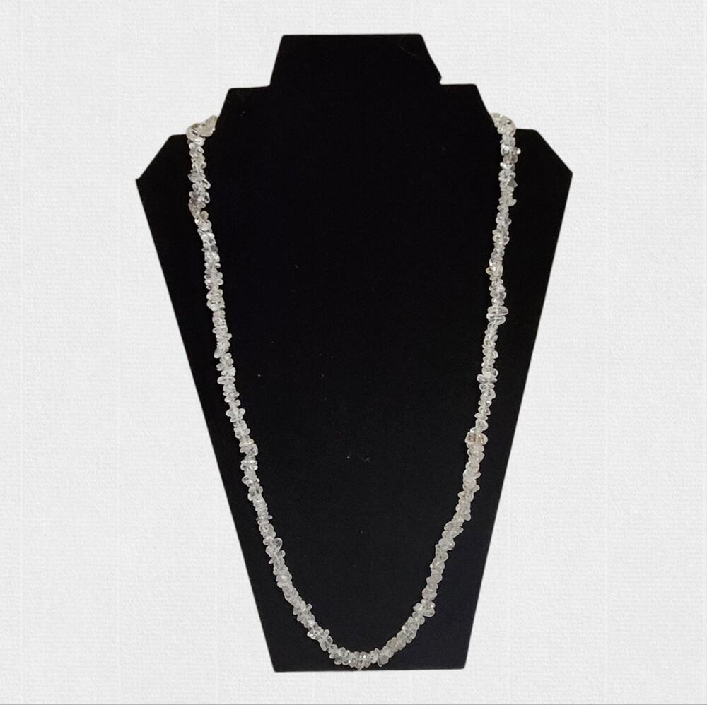 Quartz Chip Beaded Necklace | 28” Stone Jewelry | Vintage with Gold Tone Clasp